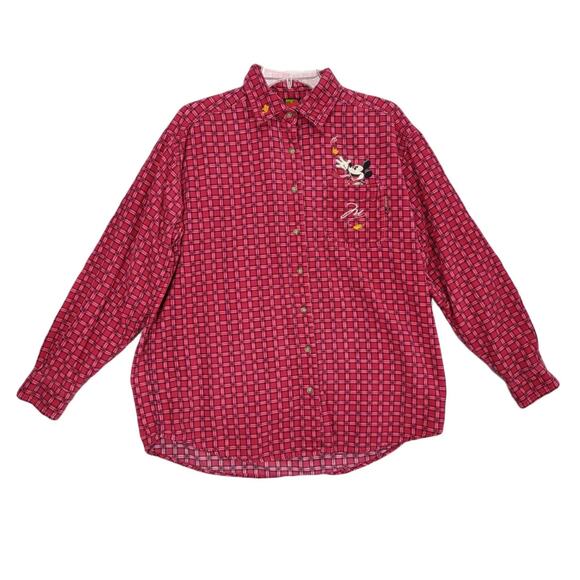 Vtg 90s Disney Women's M Mickey Mouse Fall Corduroy Red Plaid Button Up Shirt - Picture 1 of 5